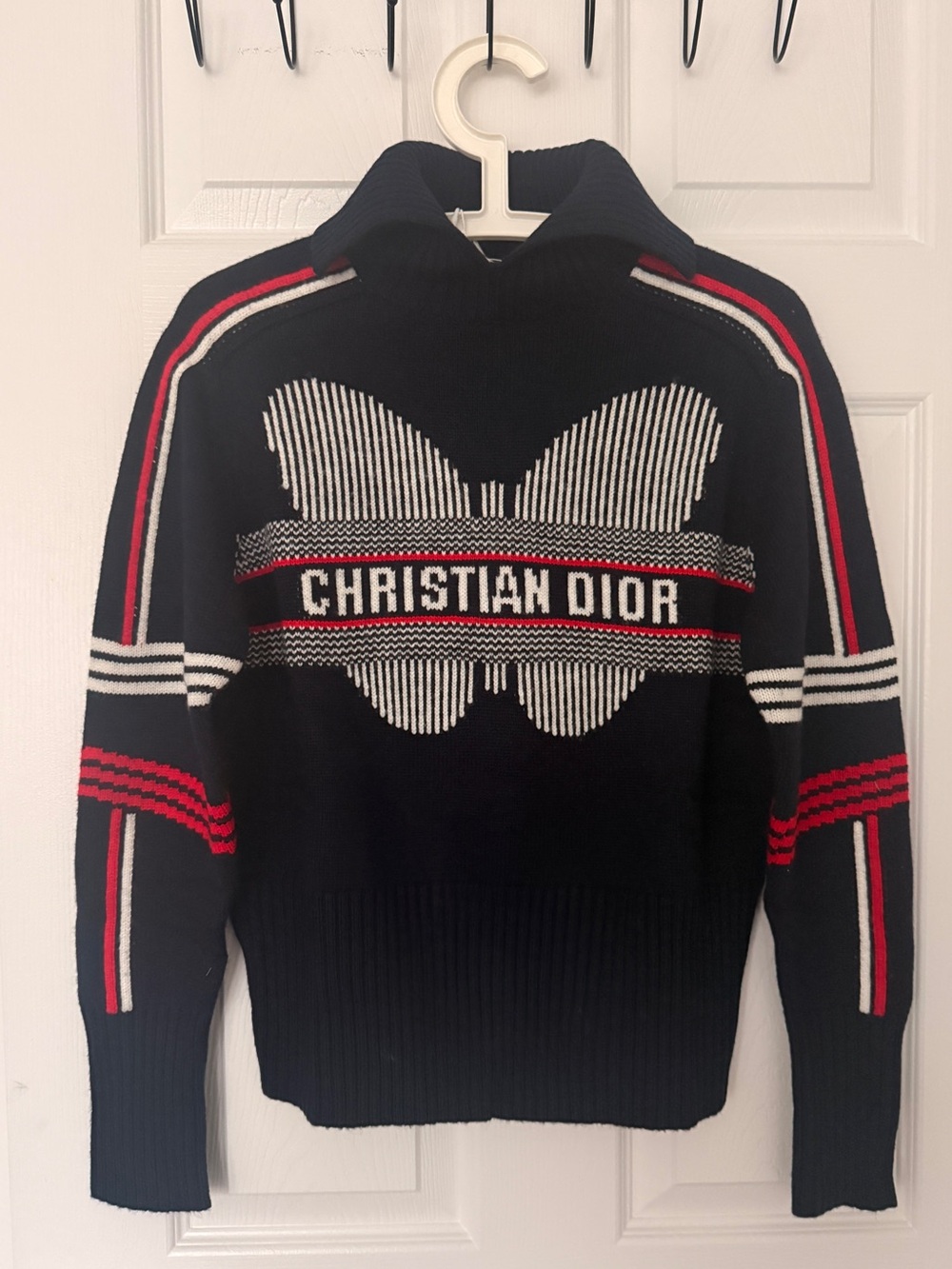 Dior Dark Navy 100% Cashmere Sweater with Red & White Stripes